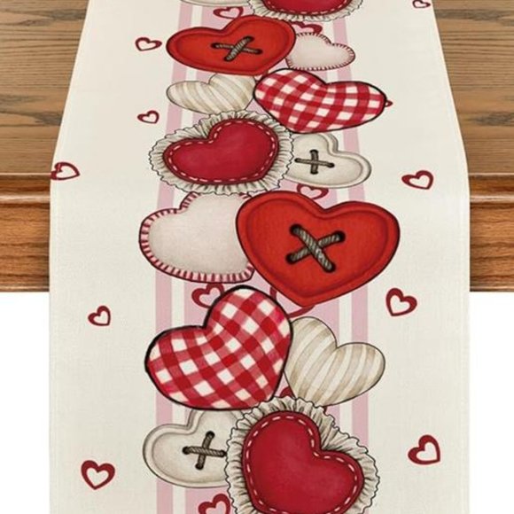 Valentines Day Table Runner Heart Dining Cloth Pink Red Farmhouse Cottage Decor - Picture 5 of 5